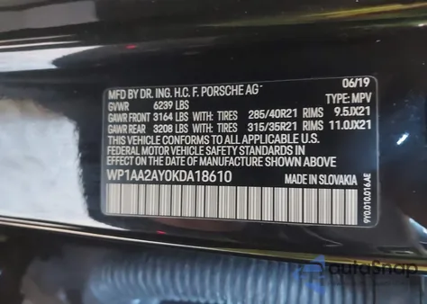 2019 Porsche Cayenne z USA, uszkodzony, nr VIN WP1AA2AY0KDA18610